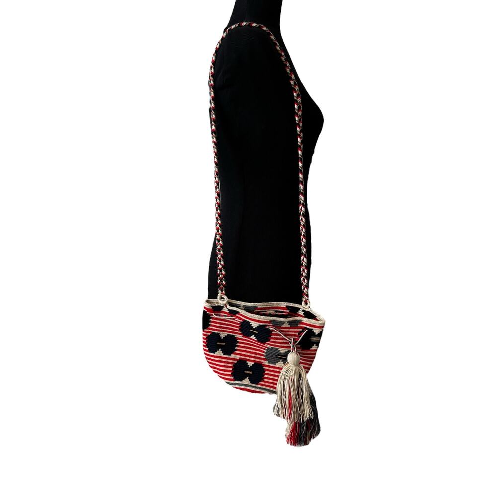 Guanabana Handmade Woven Crossbody Bucket Bag Red Geometric Tassel Boho Chic Art